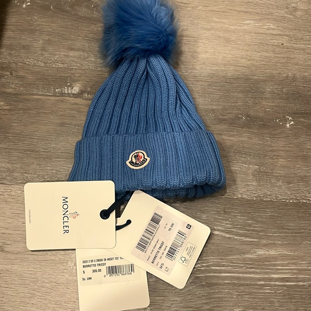 Brand new Moncler Beanie with Pom Pom. Sky Blue.